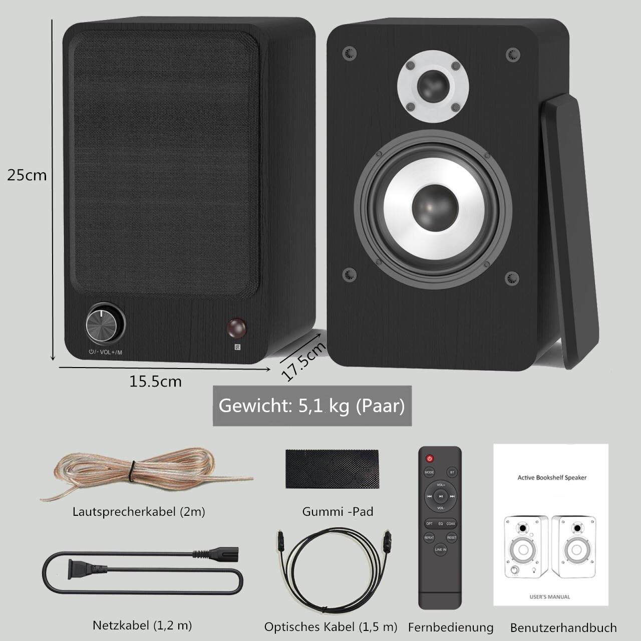 HANLIM Altoparlanti Diffusori da Scaffale Active Bluetooth - Casse Attive Amplificate Coppia - Ingresso Ottico,USB,AUX,Coassiale,RCA - Struttura in Legno - 100 Watts RMS - Nero