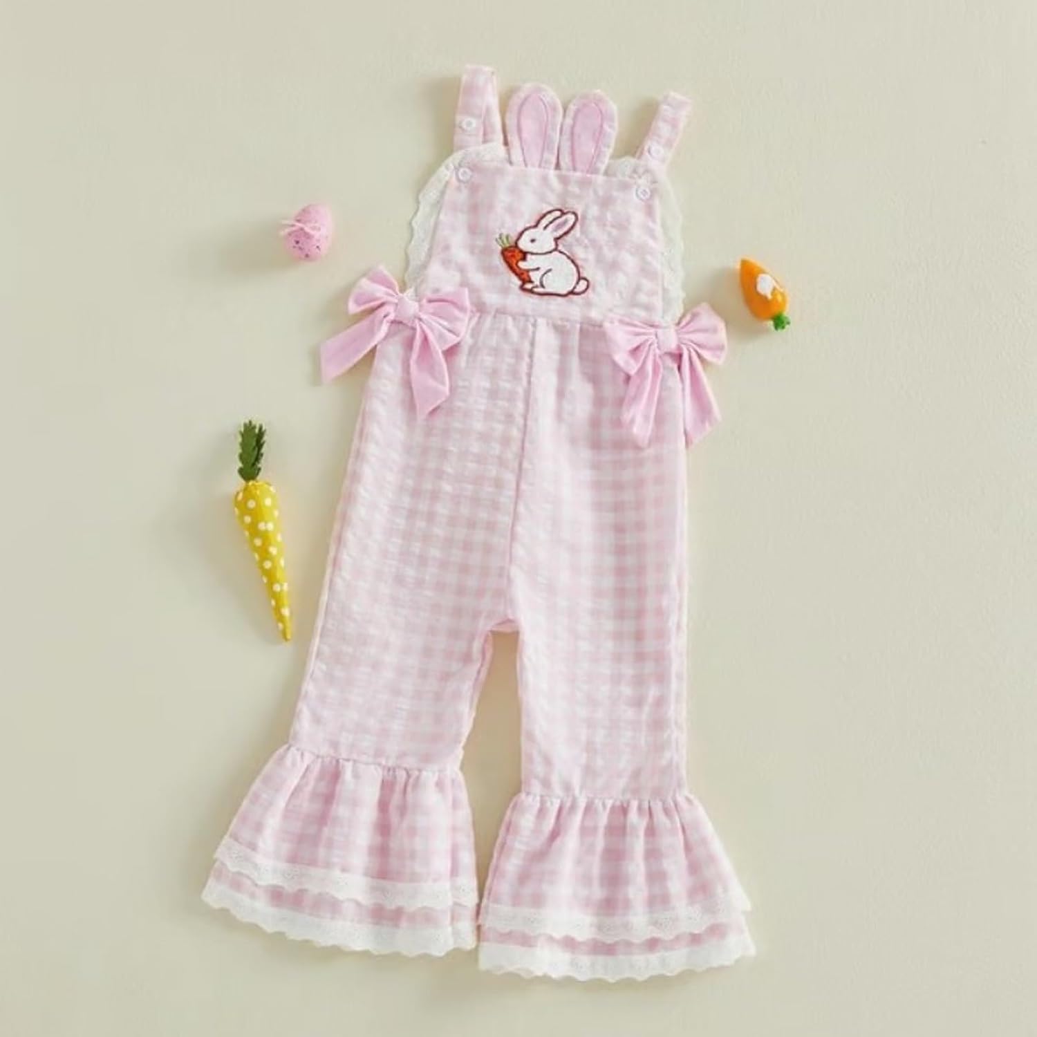 Easter Outfit Toddler Girl Cute Bunny Eggs Embroidery Jumpsuit Baby Sleeveless Romper Overalls Flare Pants Bell Bottoms