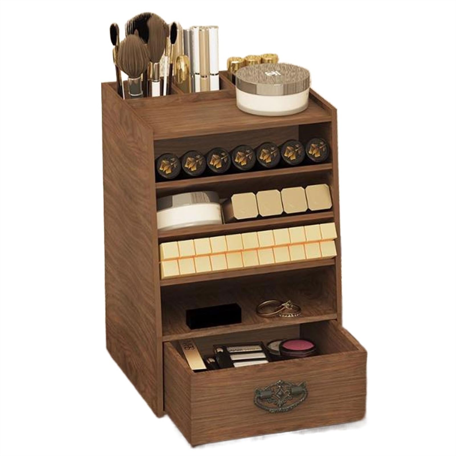 K5C7S3W9D6 Vanity Table Organiser Wood Makeup Organizer Box, Lipsticks Holder Rack, with Drawer and Tabletop for Storing Palettes, Brushes,Skincare and More, Cosmetic Storage for Bedroom and Bathroom