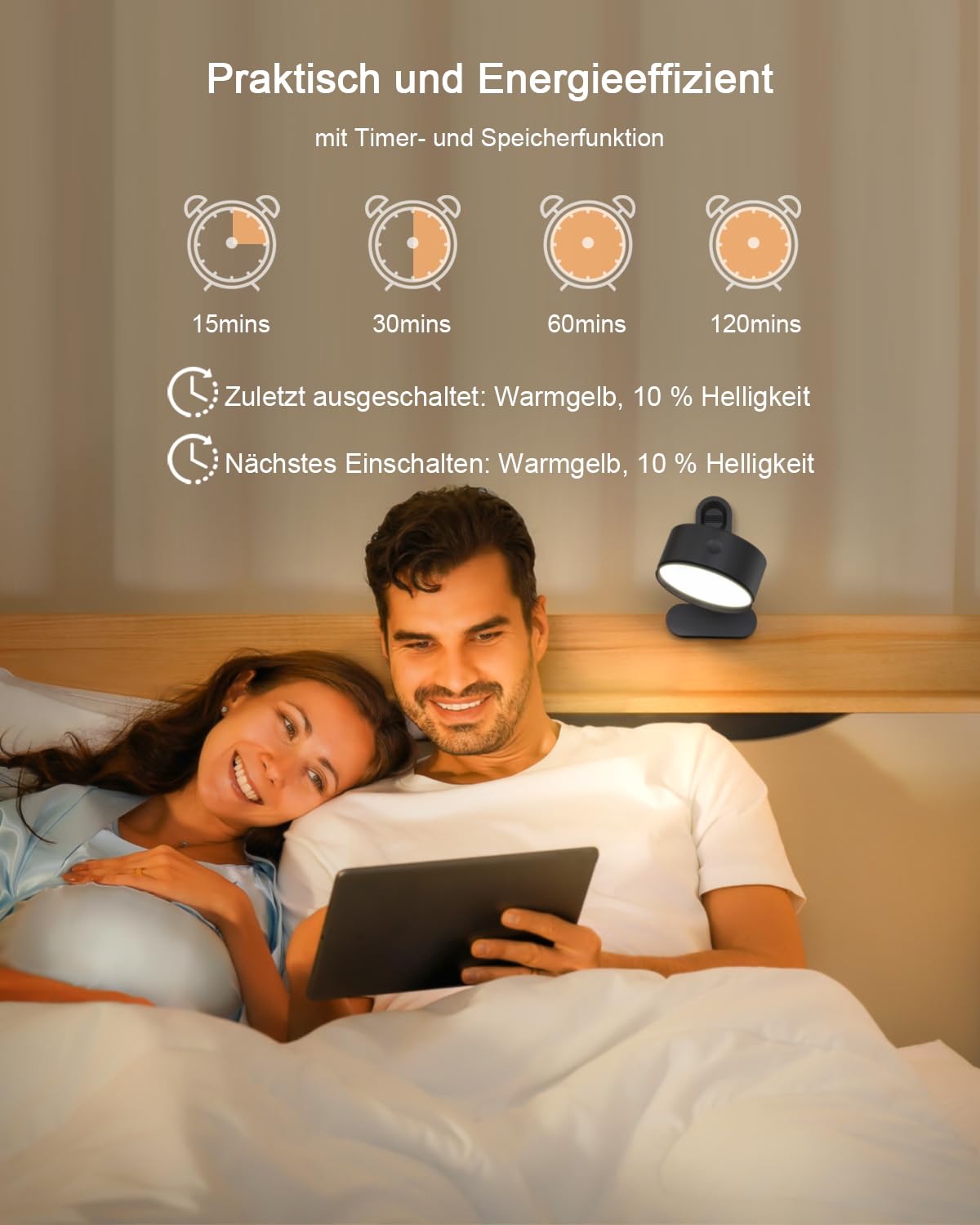 Leselampe Bett Klemme, LED Klemmlampe Akku mit 5000mAh, Klemmlampe Bett mit 3 Farben Dimmbar Touch Fernbedienung, 360° Flexibel Bettlampe Klemmleuchte Kabellos mit Timer und Speicherfunktion