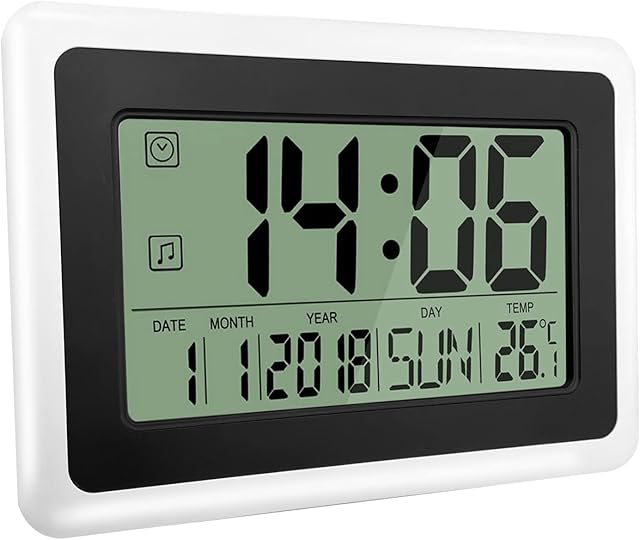 HeQiao Slim Large LCD Digital Alarm Clock Calendar Date Wall Clock Silent Desk Clock (Alarm Timer & Temperature Function), White/Black