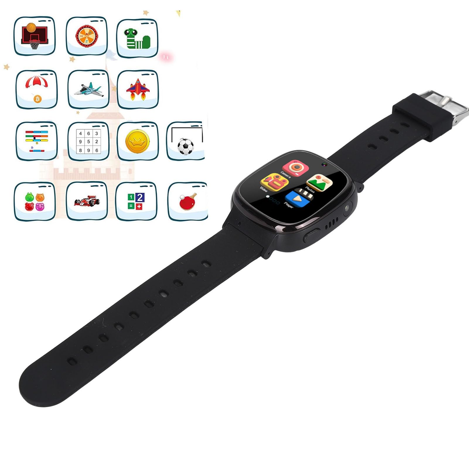 Annadue Smartwatch per Bambini e Bambine con 24 Giochi Puzzle, Schermo Touch, Fotocamera, Riproduzione di Musica e Video, Sveglia, Torcia, Contapassi, Registratore Vocale, Schermo (BLACK)