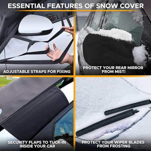 Econour Snow Cover With Side Mirror Covers + Car Windshield Snow Cover | Automotive Winter Car Accessories To Prevent Frosting Featured With In-Built Poles, Flaps & Elastic Straps For Security #TOP2