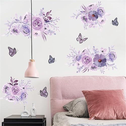 Miniatura 2 de Calcomanías de pared de flores moradas, calcomanías de pared de flores de acuarela de mariposa, hermosas plantas florales naturales, vinilo,