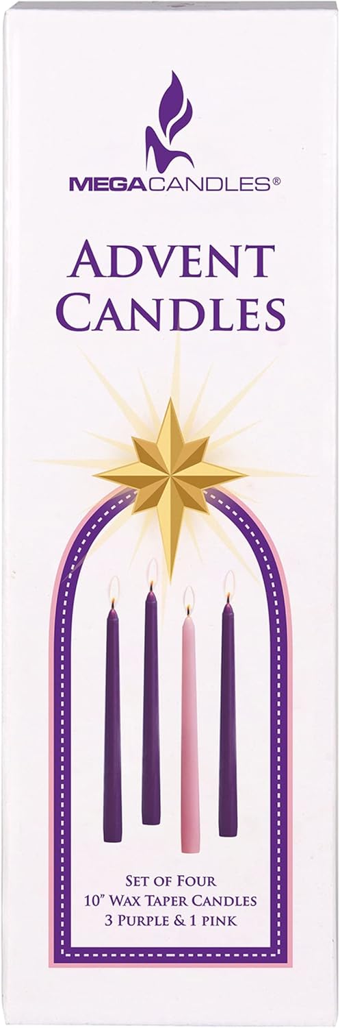 Mega Candles 4 pcs Unscented Christmas Advent Candles Set, Hand Poured Premium Wax Taper Candle 10 Inch x 7/8 Inch, Holidays, Occasions, Events, Festivities, Devotional, Church, Wreath, Party, Gifts