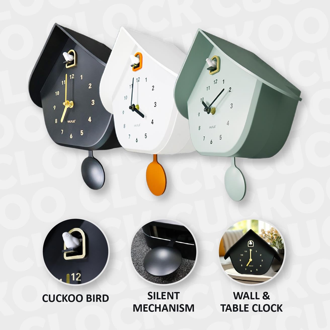 WALPLUS Horloge coucou noire mate avec pendule amovible 32,5 cm