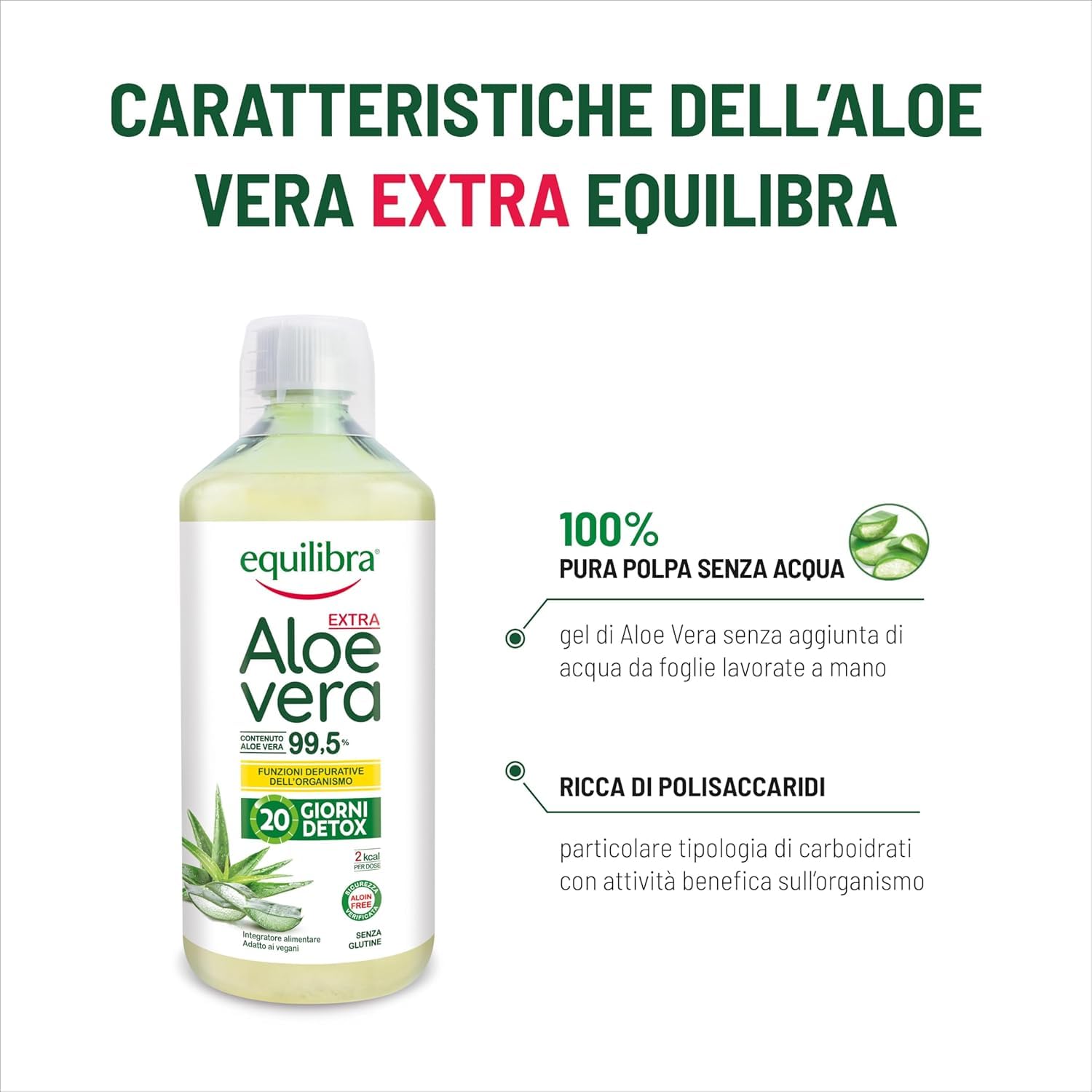 Equilibra Aloe Vera da Bere, 100% Pura Polpa di Aloe, 2x1000 ml per 40 Giorni, Azione Depurativa e Lenitiva, Senza Zuccheri, con Polisaccaridi, Da Bere Puro o Diluito in Acqua