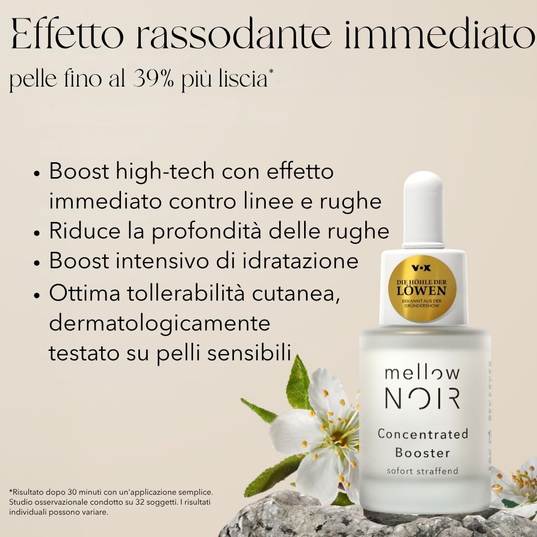mellow NOIR Concentrated Booster 15ml | EFFETTO RASSODANTE IMMEDIATO | Siero viso all'acido ialuronico | Siero contorno occhi | Trattamento occhi e viso | Vegano | Cosmesi naturale certificata