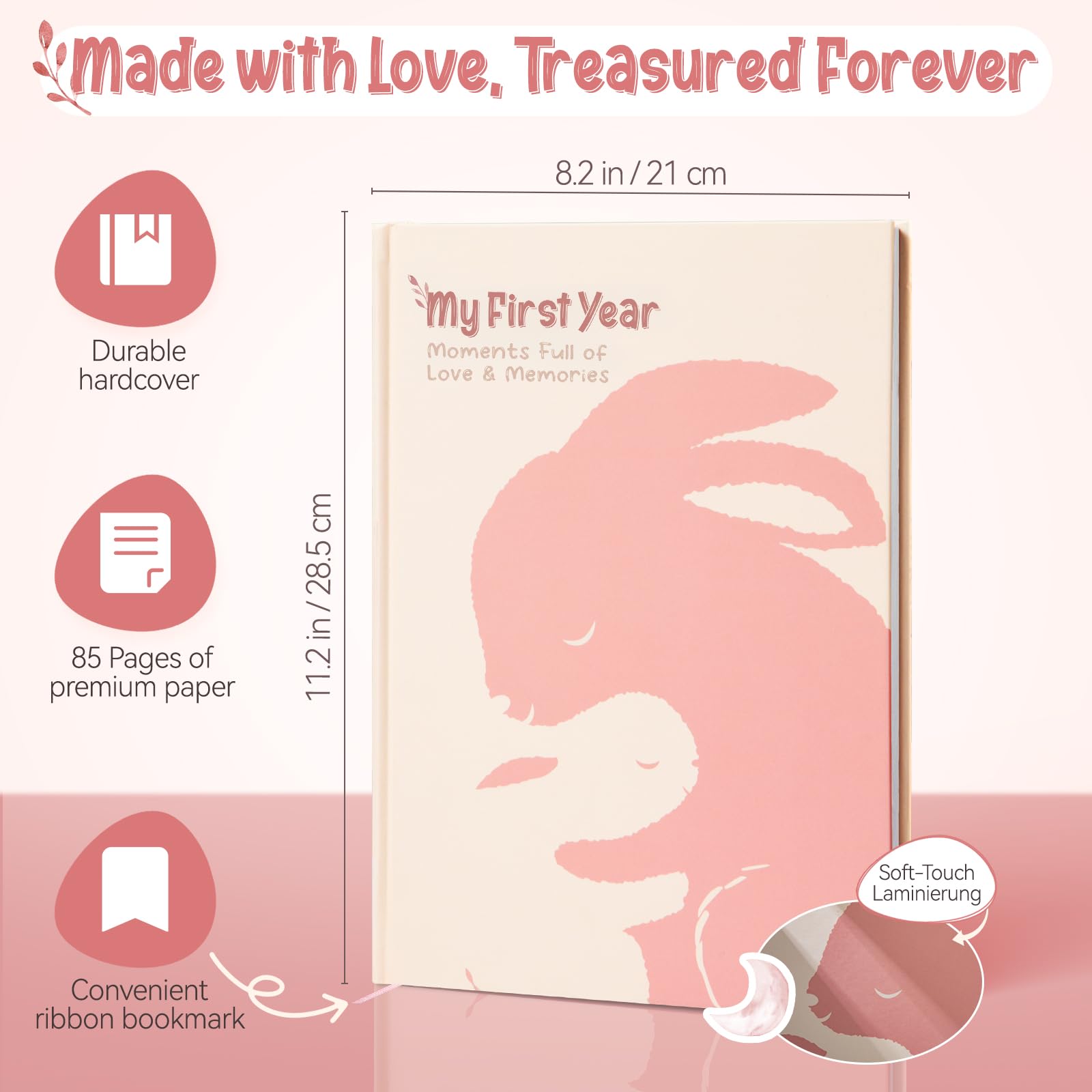 My First Year Baby Memory Book, A4 Diary & Keepsake Album with Sweet Rabbit Design, Includes 25 Stickers - Image 2