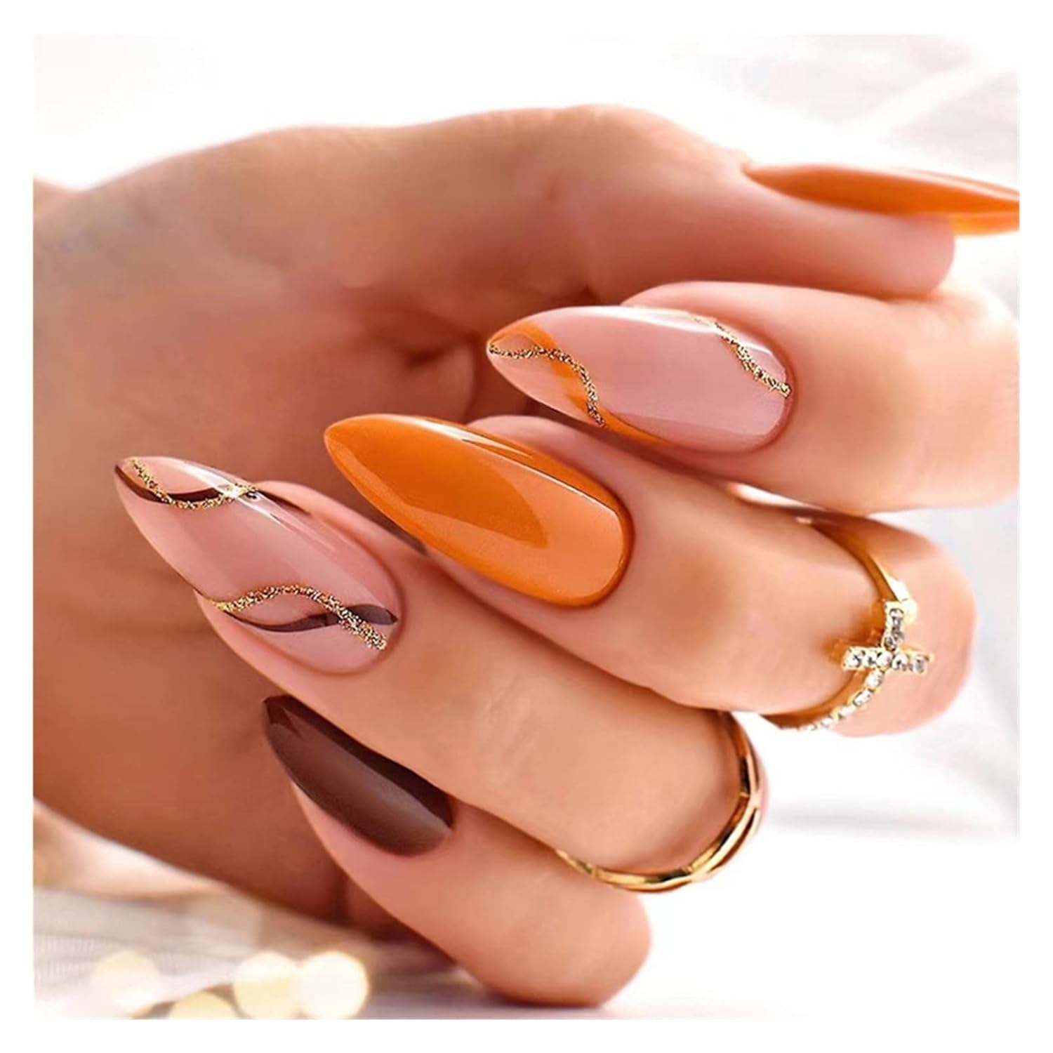 GeRRiT 24Pc Stiletto French False Nails Black Edge Designs Fake Nail With Rhinestone Almond Full Cover Nail Tips Wearable Press On Nail Korea DIY Cream Luxury Summer Skirt Vintage