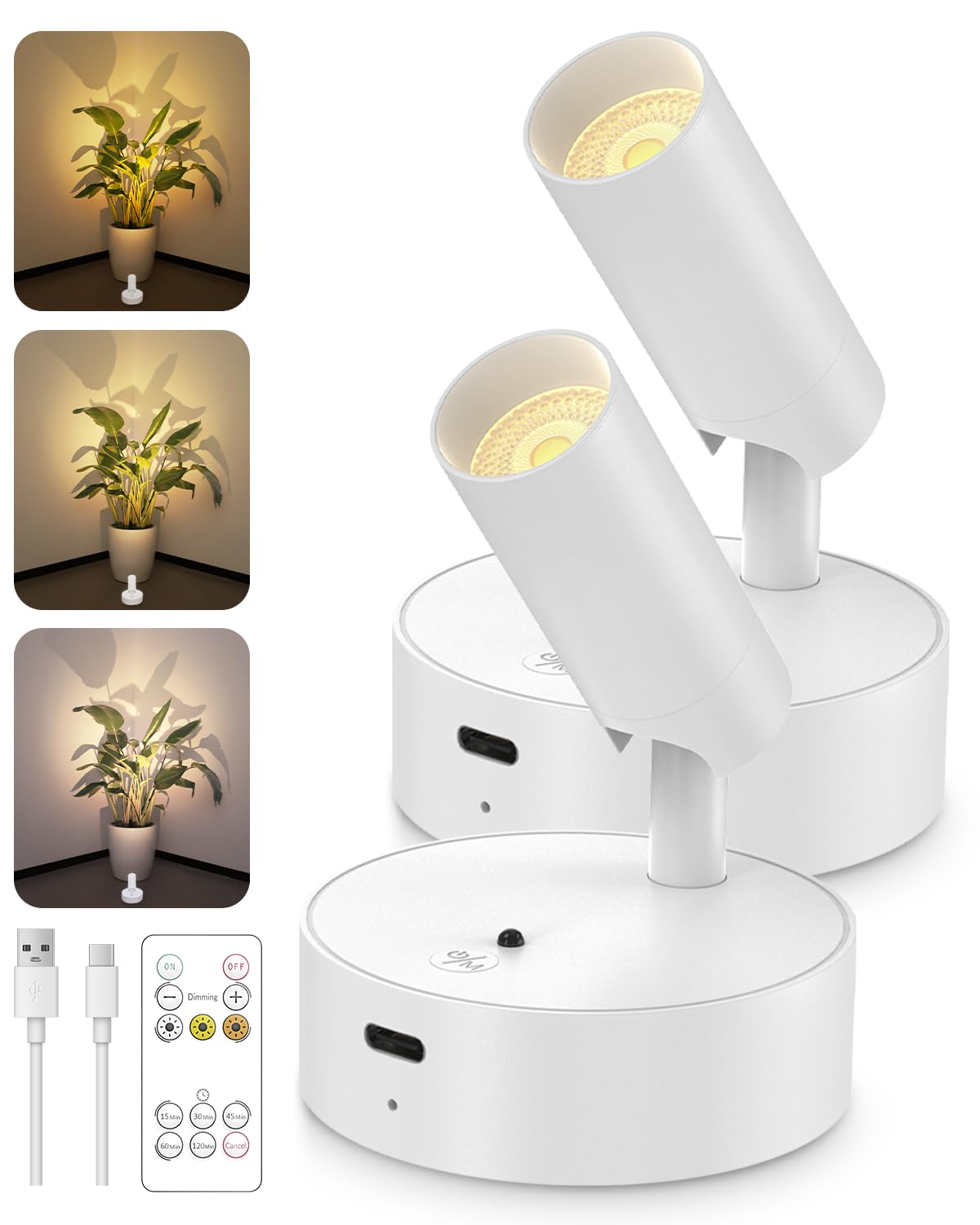 GOODEA Spotlights Indoor with Remote, 3000mAh Rechargeable Battery Plant Spotlight Indoor, Wireless Uplights with 3 Colors &amp; Dimmable, Picture Light for Painting, Accent Lighting(2 Pack, White)