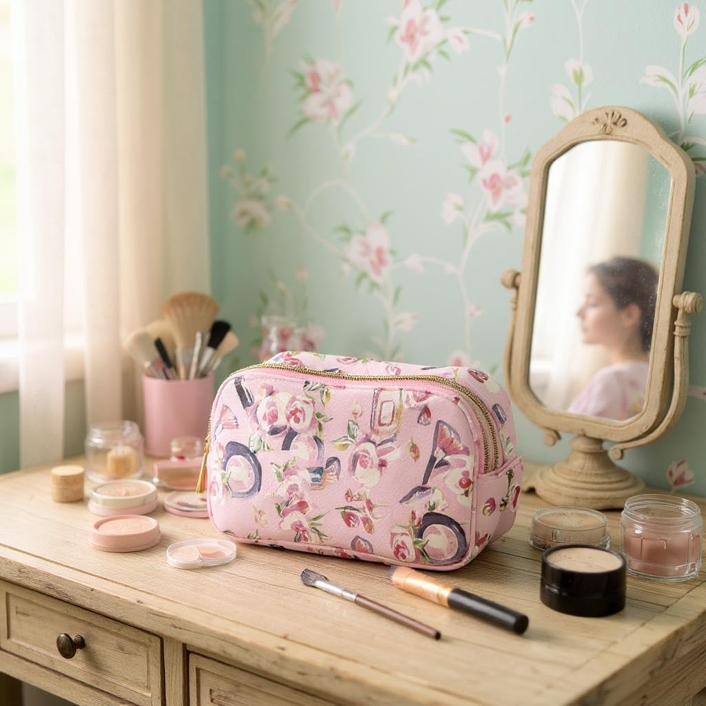 Emma & Chloe Compact Cosmetic Bag with Compartments | 6 Sections Waterproof Travel Toiletry Makeup Case for Women – 180° Easy Open Bag (Fresh Florals) image 5