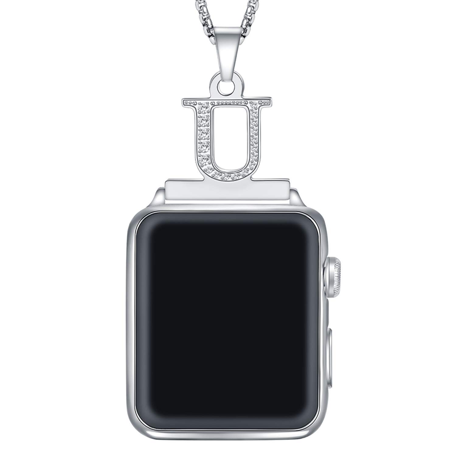 Callancity crystal diamond Alphabet Letter A-Z Necklace Pendant Watch Connector Adapter 2in1 Stainless Steel Platinum Plated Box Chain Compatible for Apple Watch Series 5/4/3/2/1 38mm 40mm