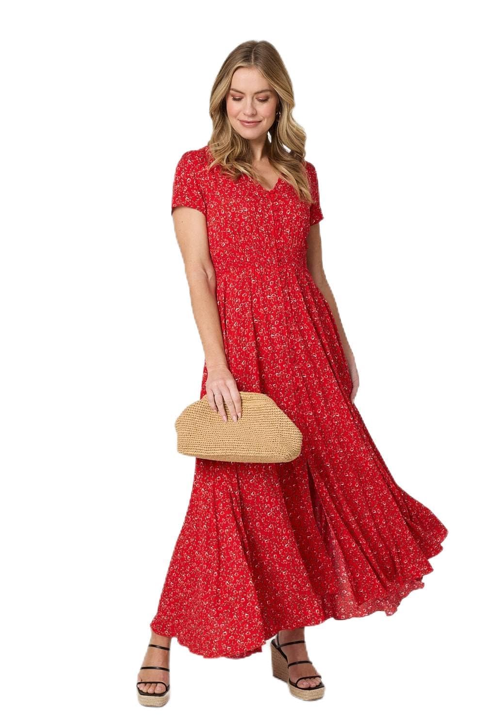 Izabel London Women's Red Ditsy Floral A-Line Maxi Dress