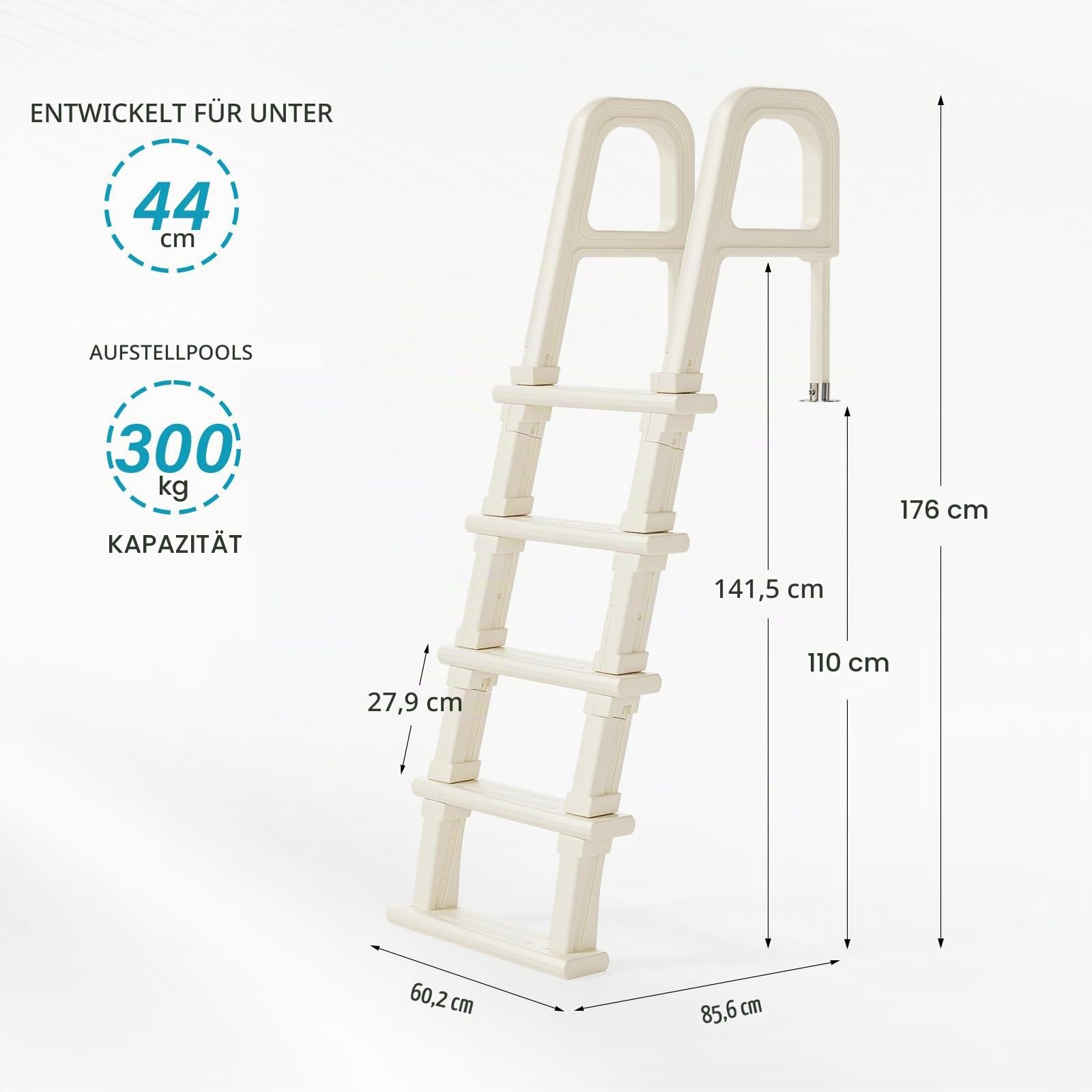 Bonnlo Poolleiter, Pooltreppe aus Kunststoff, mit rutschfesten Streifen und Handläufen, 5-stufig, bis 180 kg belastbar, für Oberirdische/Einbaupools, Weiß