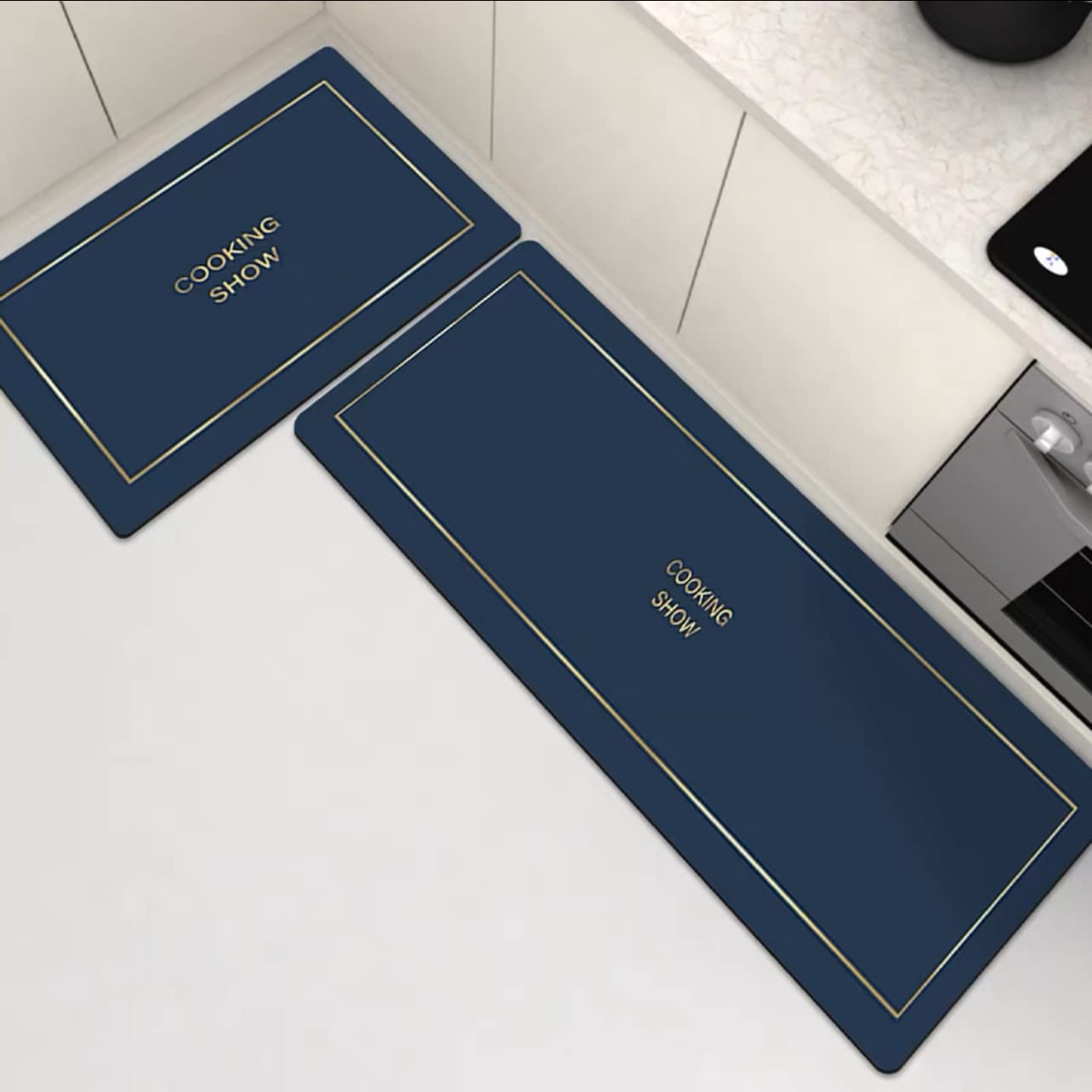 LIMOS 2 Piece Kitchen Rugs and Mats Set Non-slip Polyester Absorbent Kitchen Mats,Anti-slip Floor Mats,Machine Washable,Dining Room, Entryway and Door Mat Set (150 Ã— 45 cm + 70 Ã— 45 cm) (Blue)