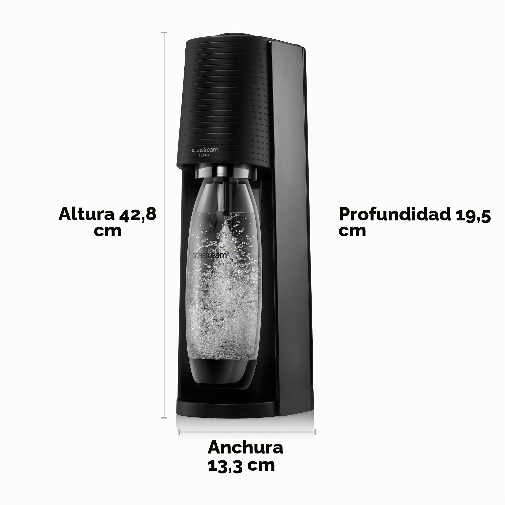 SodaStream Gasador de agua Terra, incluye cilindro de Co2 para realizar hasta 60 litros de agua con gas, incluye dos botellas de 1 l y una botella de 0,5 l aptas para lavavajillas, color negro