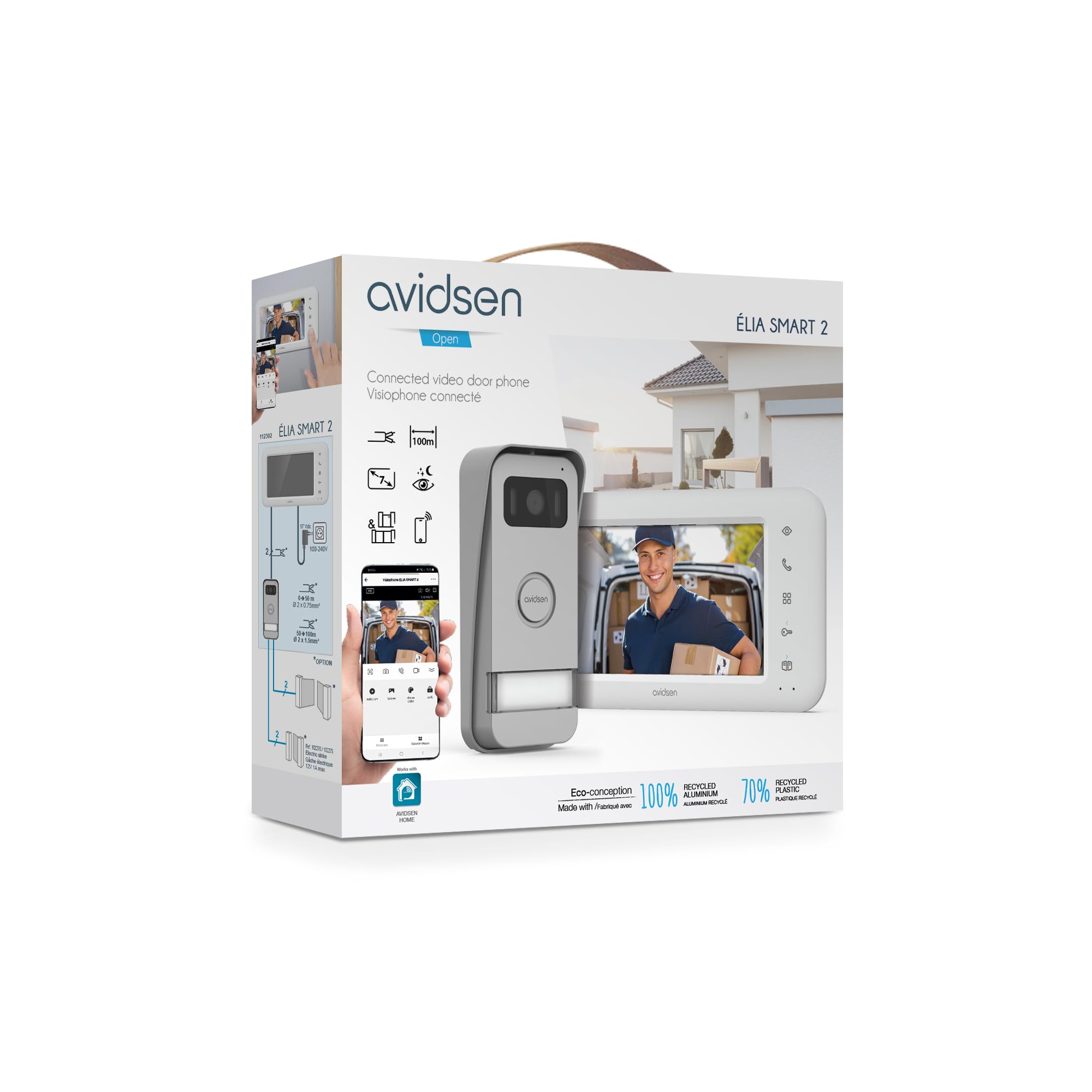 Avidsen Home Elia Smart 2 Visiophone WiFi 2 Fils, Écran 7", App Smartphone | Visiophone connecte 2 fils, WiFi double bande, ecran 7", application gratuite, fonction Door Check, plastique recycle