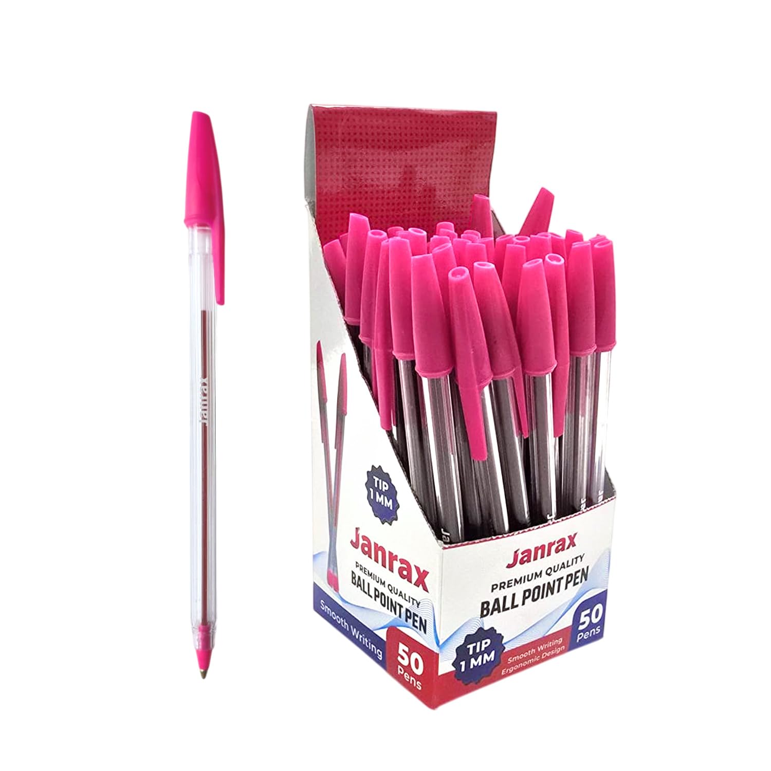 Janrax Box of 50 Pink Ballpoint Pens – Smooth‑Flow Ink, 1mm Medium Tip for Office, School – Everyday Writing
