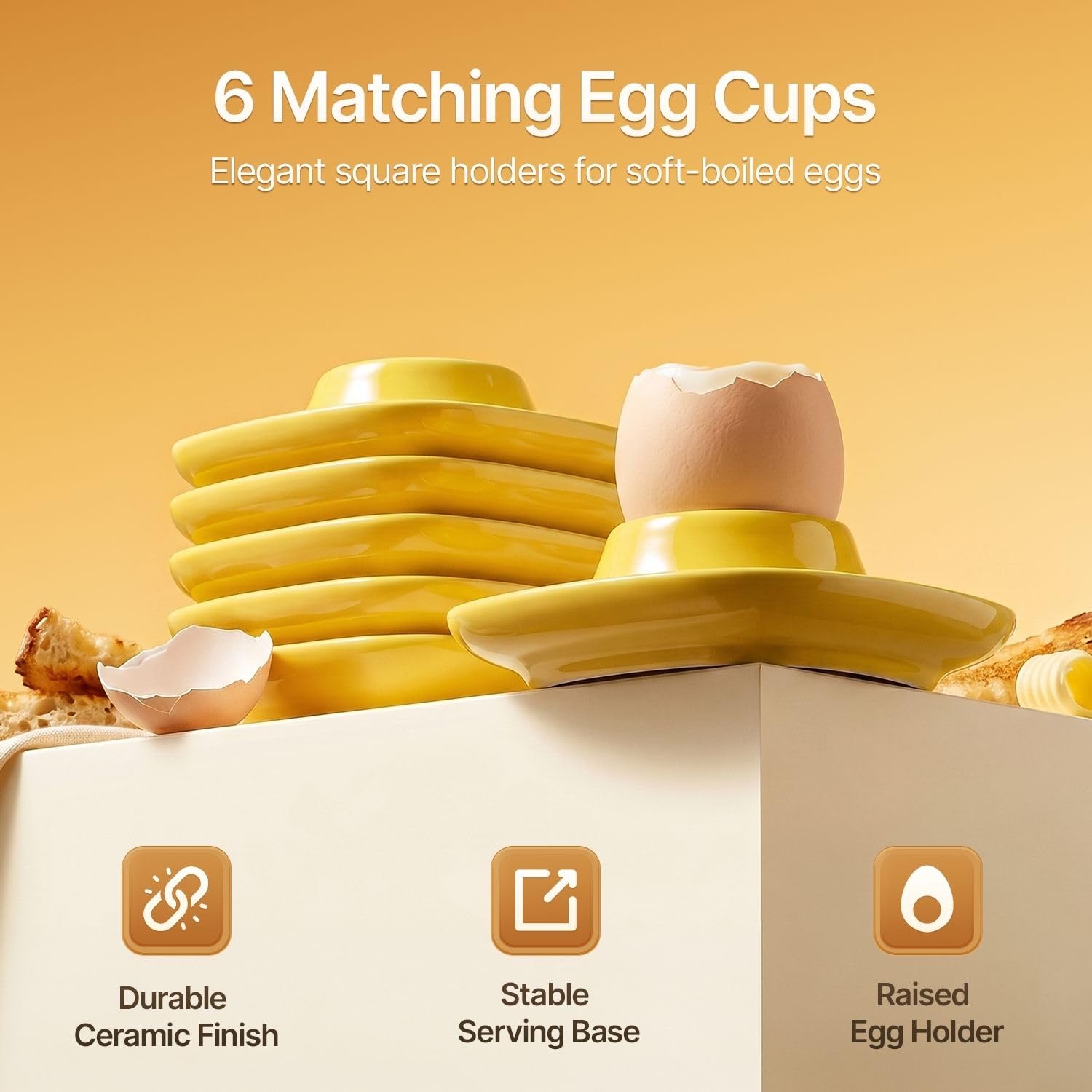 Flexzion Coquetiers pour œufs à la coque - Lot de 6 en céramique - Coquetiers empilables avec socle pour service, petit-déjeuner, brunch - Décor de table, Jaune