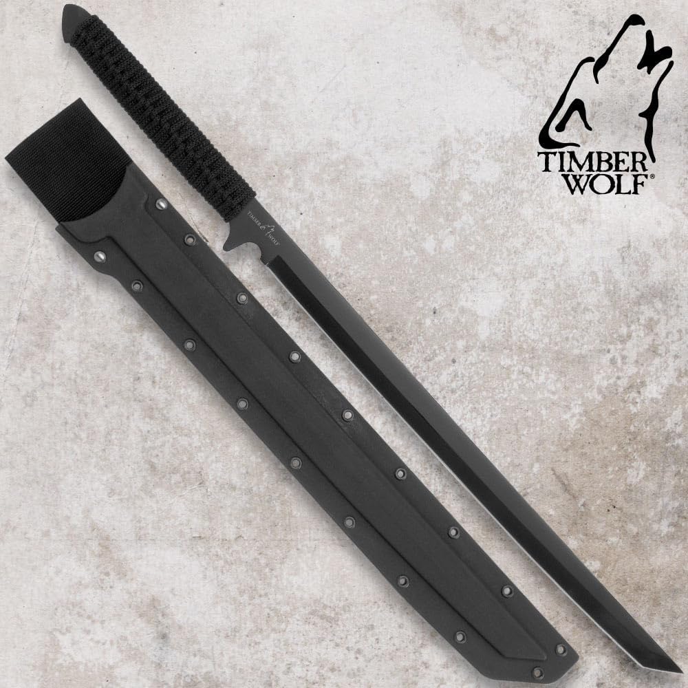 Timber Wolf Full-Tang Ninja Sword | 17 1/4" Stainless Steel Blade | Sure Grip Nylon Cord Wrapped Handle | Durable ABS Scabbard with Belt Loop and Shoulder Strap Included | Overall Length 27"