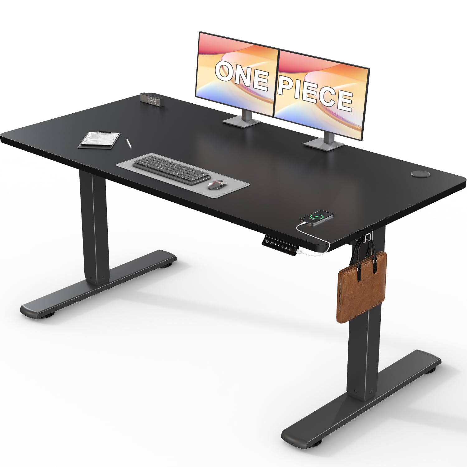 Flamaker Electric Standing Desk ONE PIECE Height Adjustable 73-118cm Heavy-Duty Steel Frame 60kg Weight Capacity Smart Pannel with Anti-Collision Sedentary Reminders USB Port Charging,140x60cm,Black
