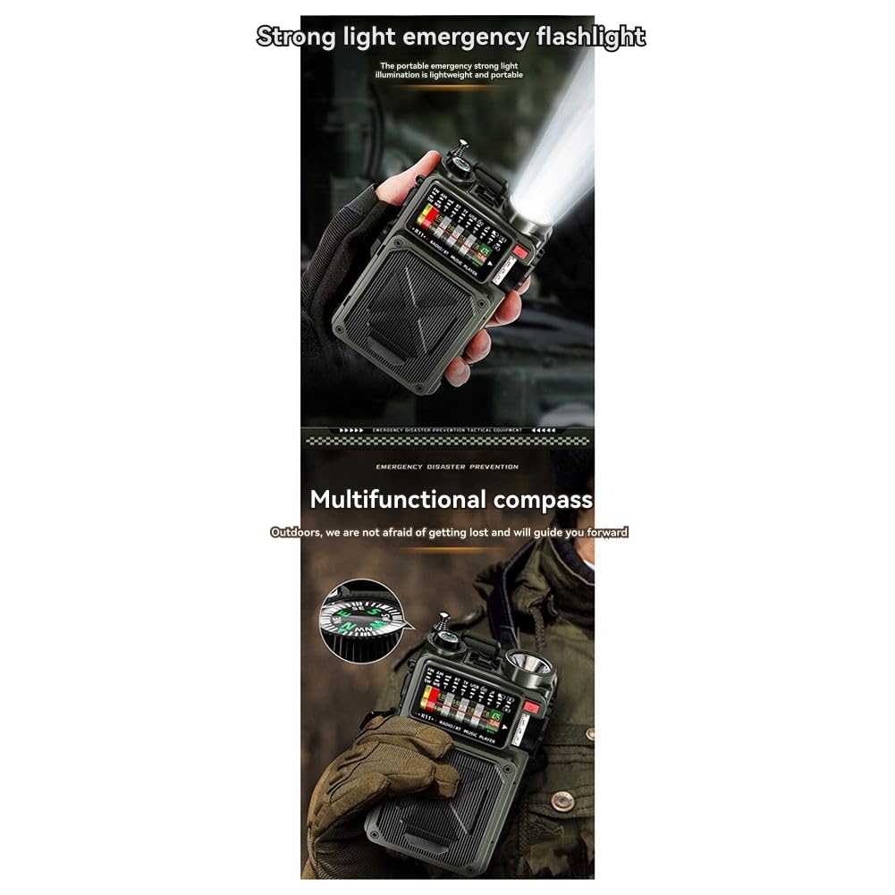 Radio Multifuncional de Emergencia con Altavoz Bluetooth, Brújula, Linterna, Generador Solar de Manivela, Banco de Energía.