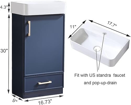 Miniatura 2 de Popity home Juego de tocador de baño de 18 pulgadas con lavabo, tocador de baño pequeño con fregadero de recipiente empotrado, armario de baño azul