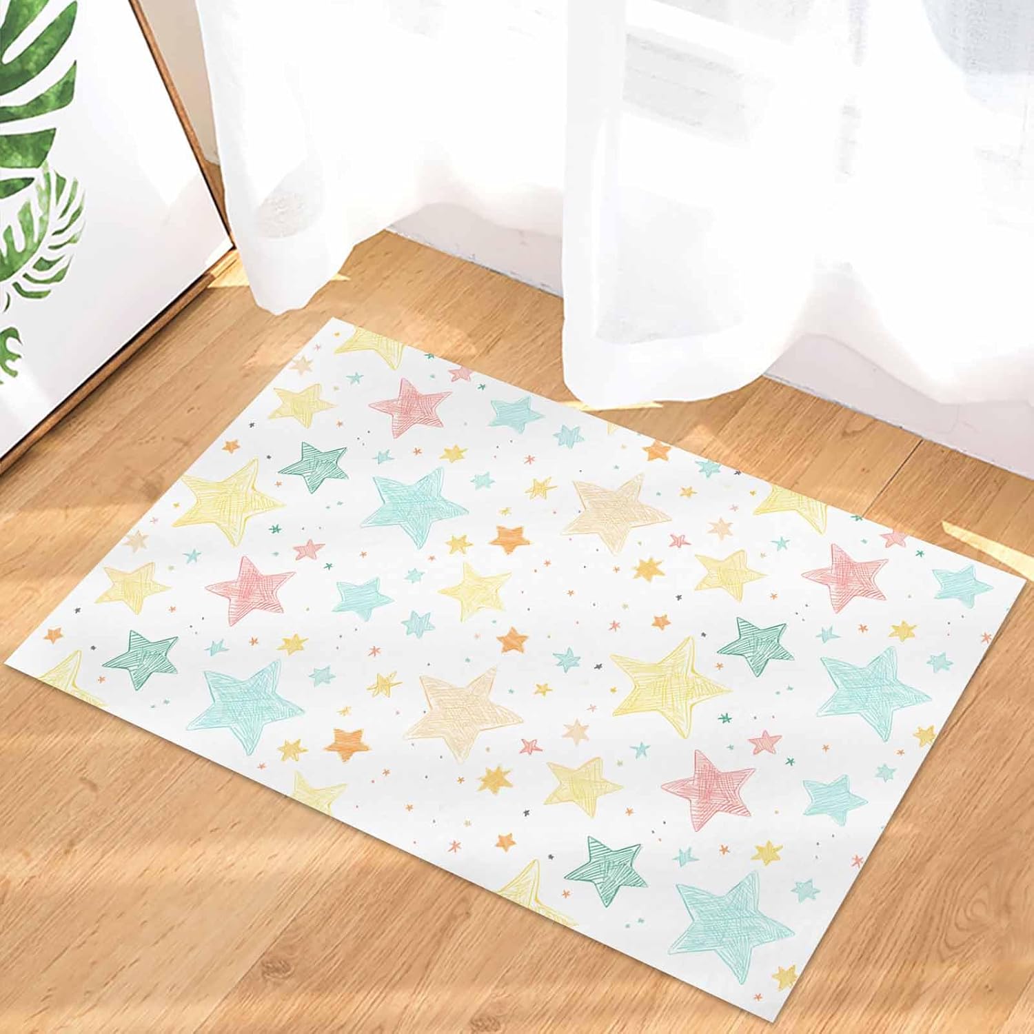 Indoor Door Mat 18"x30" Welcome Mats Microfiber Floor Mat Rubber Backing Non Slip Shoes Scraper Washable Outdoor Doormat for Entryway - Hand Drawn Colorful Stars