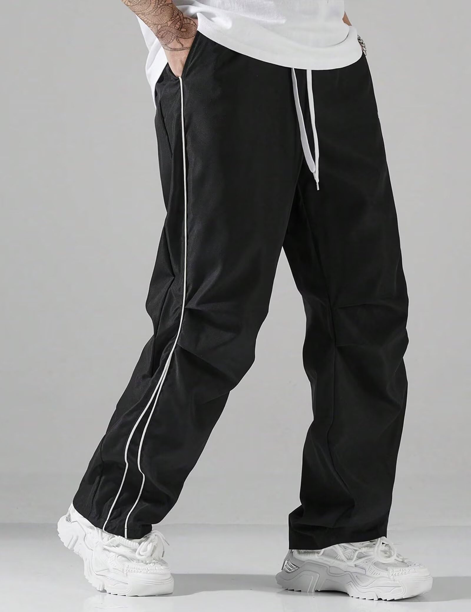 FCOOLYEET Y2k Herren-Trainingshose mit Kordelzug, leicht, weites Bein, coole Fallschirmhose, Streetwear