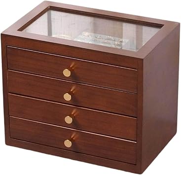 Wooden Jewelry Box for Women Classical Jewelry Organizer Storage Case with Glass Lid Drawers Necklace Ring Earring Watch Bracelets Storage, Rustic Style,Brown-4,,