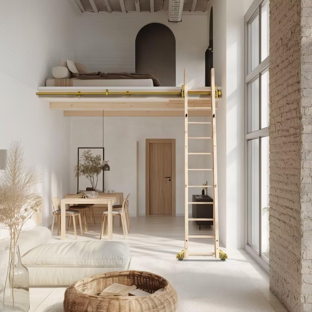 Gold Rolling Library Ladder Hardware Kit, Telescopic Upper Roller, Multi-use for Loft Stairs/Bookshelf (3.9FT Sliding Kit)