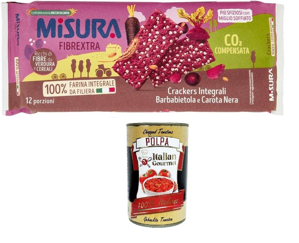 Misura Fibrextra Crackers Integrali - 12 galletas integrales ricas en fibra con remolacha y zanahoria negra, paquete de 385 g +Italian Gourmet Polpa 400gr