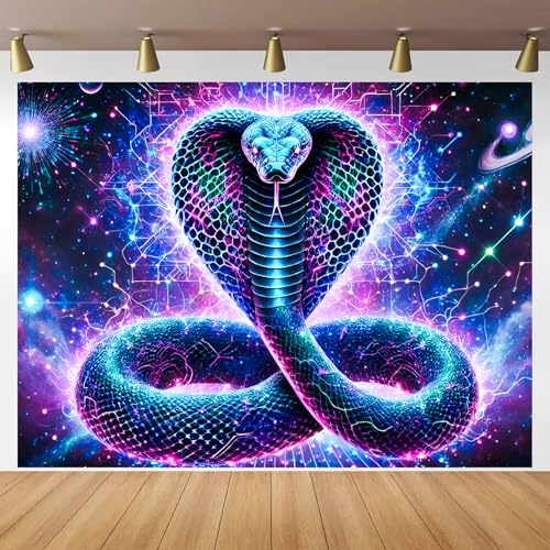 Image of BlissYard Blacklight Tapestry Cobra Snake Decor 78x59 Inch Neon Glow in Dark Backdrop Blacklight Tapestry Psychedelic Galaxy Reptile Scene for Bedroom Wall Hanging Party Room Cosmic Jungle Art