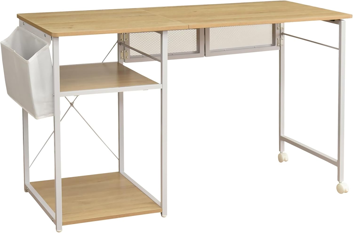 Tama Living 50006365 Folding Desk, Casual, Width 19.7-47.2 inches (50-120 cm), Storage Shelf, Iron x Wood, White/Natural