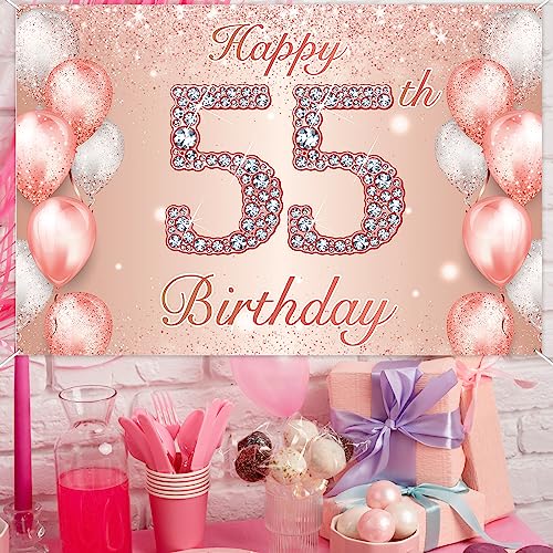 Image of Happy 55th Birthday Rose Gold Banner Cheers to 55 Years Old Backdrop Confetti Balloons Theme Decor for Women 55 Years Old Pink Birthday Party Decorations Bday Supplies Background Favors Gift Glitter