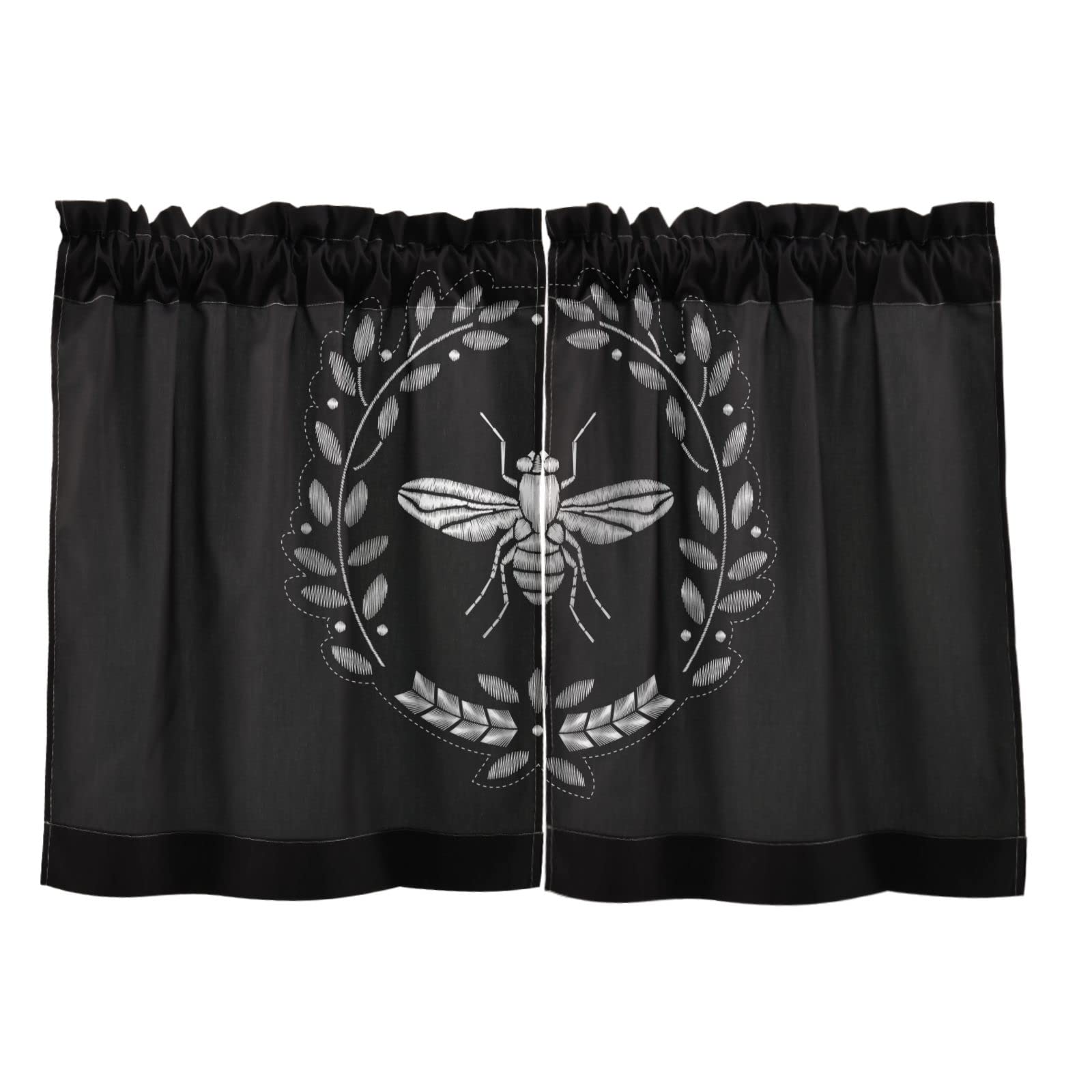 Poeticcity Multi 11 Embroidery Heraldry With Silver White Bee Golden Bee On Black Dark 2 Panels Kitchen Small Window Curtains, Tier Curtains Rod Pocket Half Short Curtains Blackout Cafe Drapes One Image 27X24 In