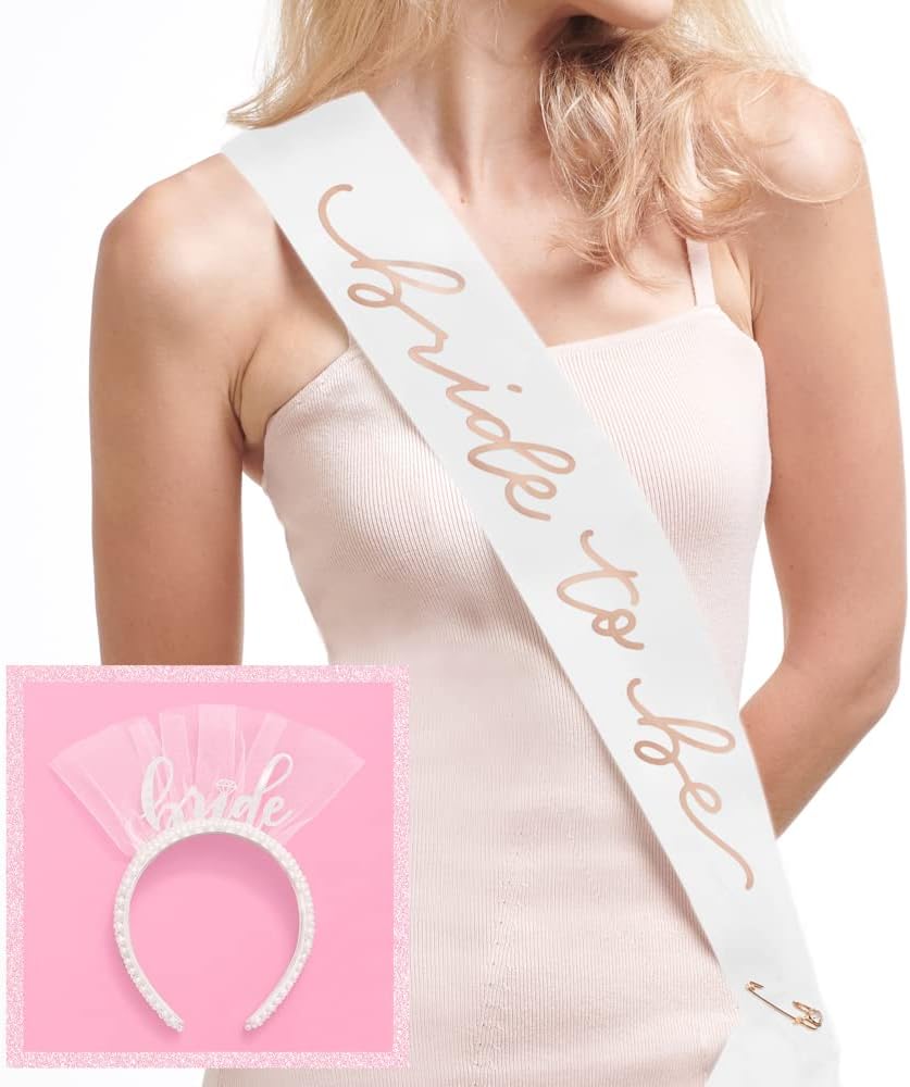 xo, Fetti Bachelorette Party Sash + Bride Headband - White + Rose Gold | Bachelorette Party Decorations Kit - Sash for Bride | Bridal Shower Gift Supplies : Home & Kitchen