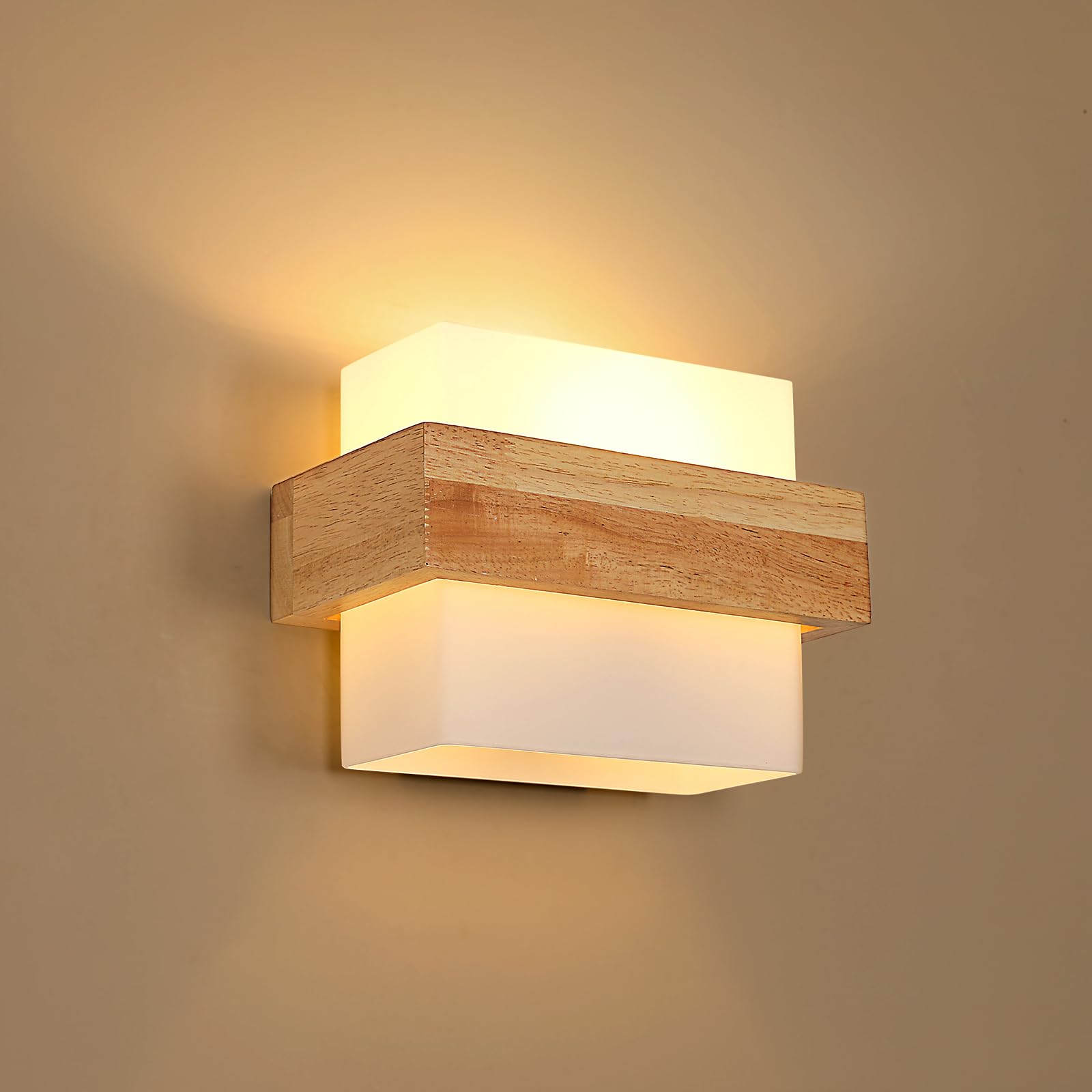 DELIPOP Wooden Wall Lights Indoor, E27 Modern Minimalist Design Wall Lamp, Wooden Wall Light Fixtures 3 Lighting Colours 3000K/4500K/6500K for Living Room Bedroom Corridor Stairs