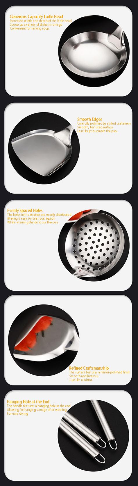 Set di 11 utensili da cucina in acciaio inox, utensili da cucina professionali con manici resistenti al calore, finitura lucida, design con foro per appenderlo, include spatole, cucchiai scanalati
