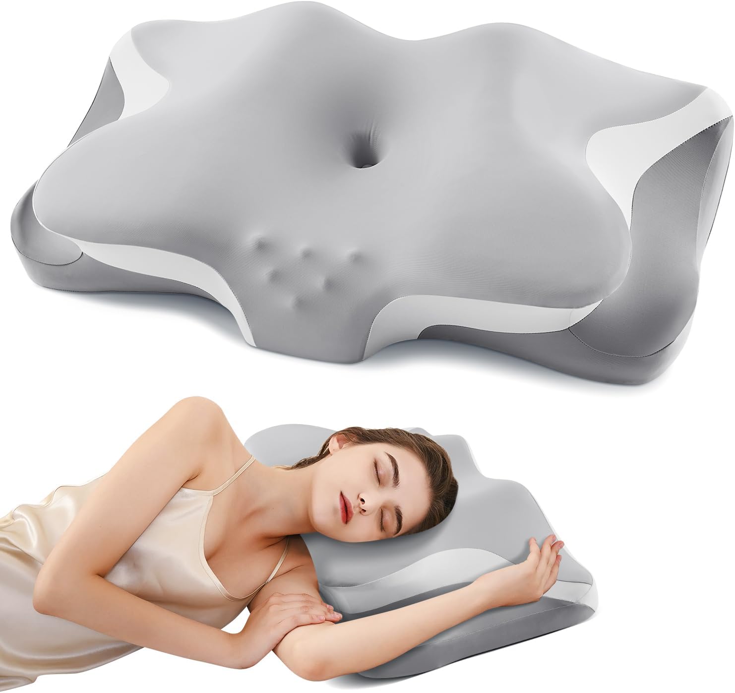Cervical Neck Pillow for Pain Relief, Cooling Ergonomic Memory Foam Pillows for Sleeping with Breathable Pillowcase, Contour Deep Sleep Neck Support Pillow for Side Back Stomach Sleepers-Light Grey