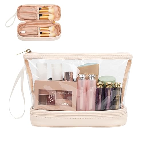 Ethereal Bolsa de maquillaje transparente, bolsa de cosméticos pequeña color crema, bolsa de maquillaje de viaje para mujeres, bolsa de aseo