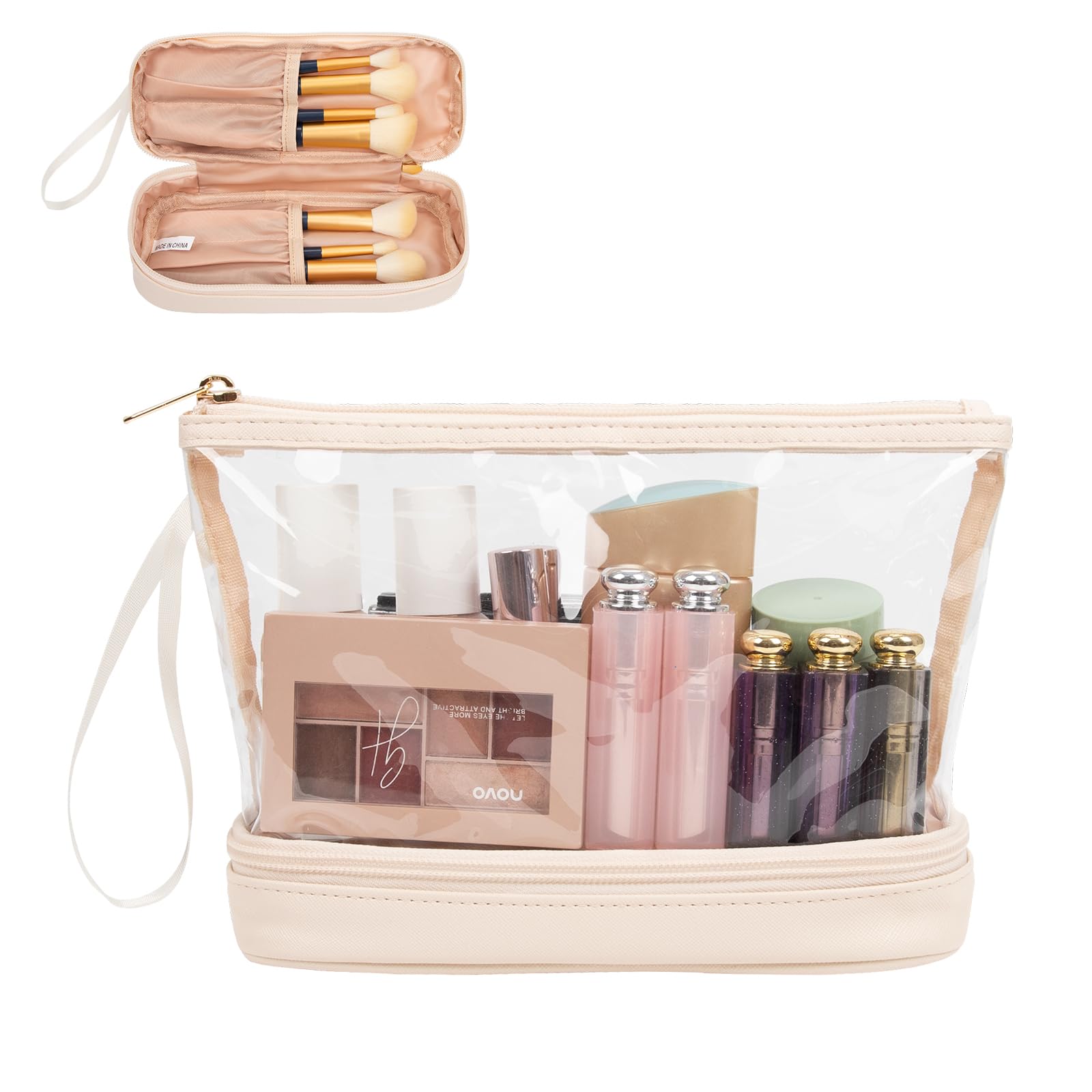 Ethereal Clear Makeup Bag, Cream Small Cosmetic Bag Travel Makeup Bag for Women TSA Approved Toiletry Bag Portable Makeup Pouch