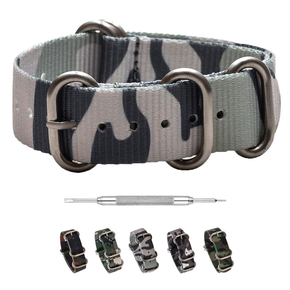 Camo Watch Band - Heavy Duty 5-Ring Zulu Hardware - Ballistic Nylon One-Piece Military Watch Straps - Choice of Color & Width - 18mm, 20mm or 22mm
