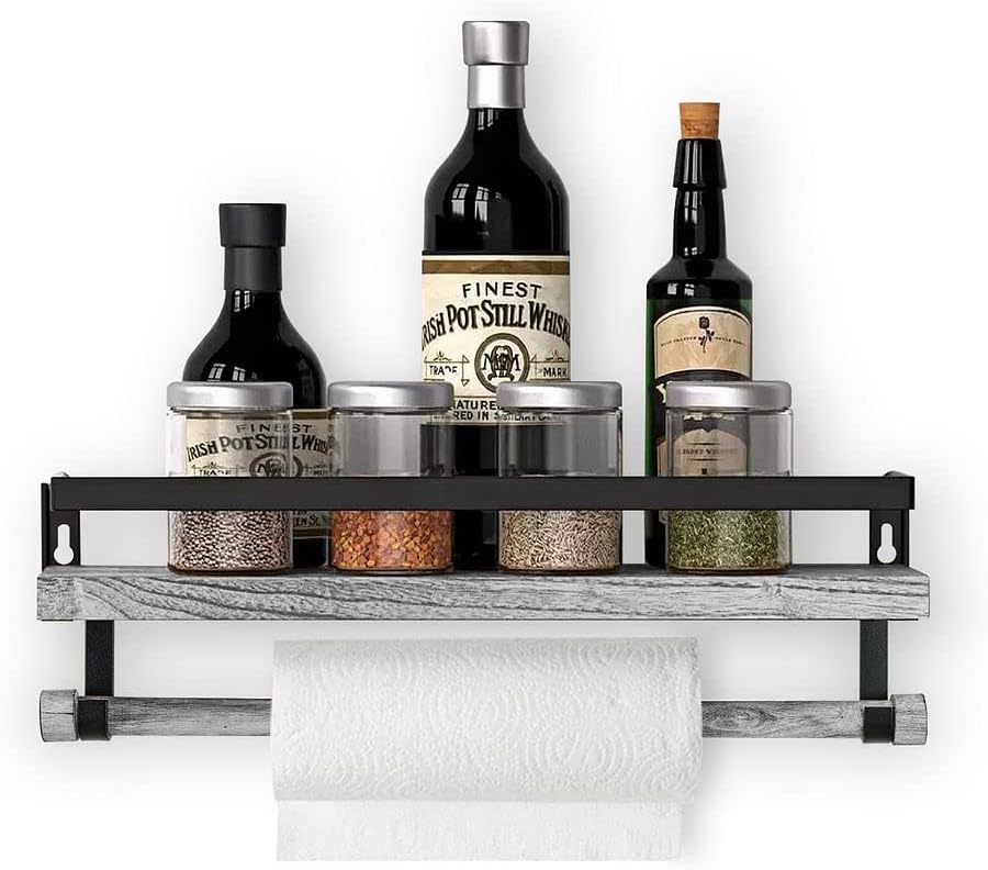 Halter Wall Mounted Floating Shelf with Rail and Wooden Towel Rod, Grey