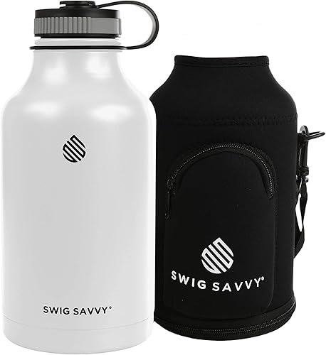 Swig Savvy Botella de agua deportiva de doble pared de acero inoxidable aislada al vacío con funda de almacenamiento, 64 onzas, color blanco disponible en Yaxa Peru