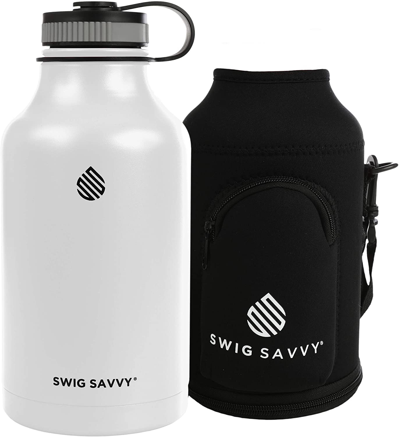 Swig SavvySwig Savvy Vacuum Insulated Stainless Steel Double Wall Wide Mouth Sports Water Bottle with Storage Sleeve, 64 Ounces, White