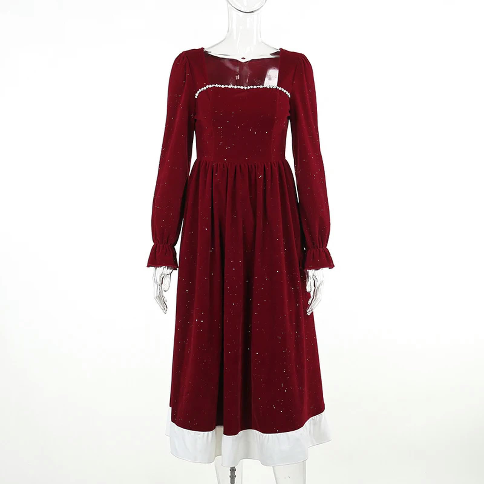 Elegante Abito Rosso da Donna con Gonna a Sbuffo e Colletto Quadrato, Abito da Ballo, Rosso, M