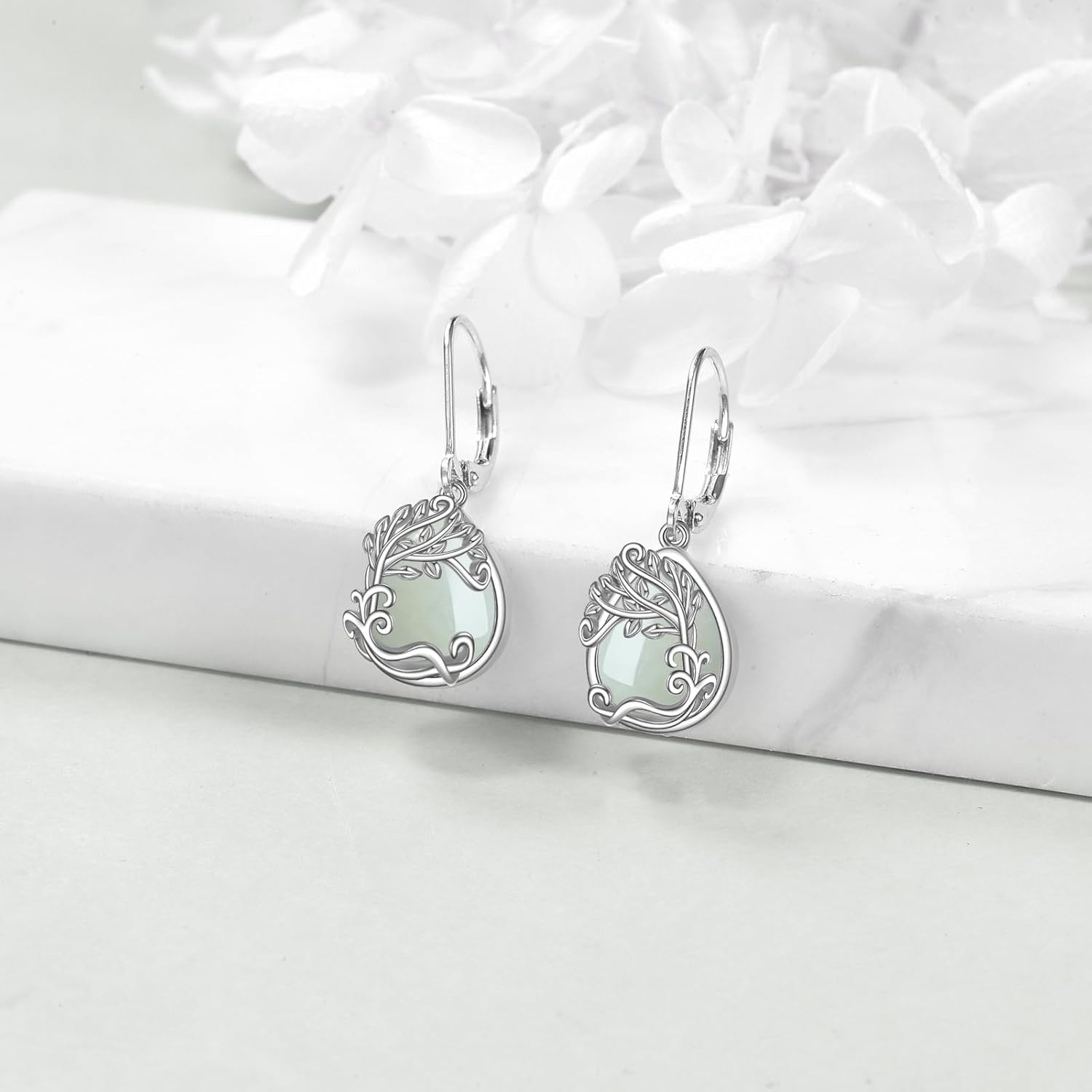 Jade Tree of Life Earrings for Women 925 Sterling Silver Tree of Life Drop Earrings Leverback Jewelry Gifts - Image 3