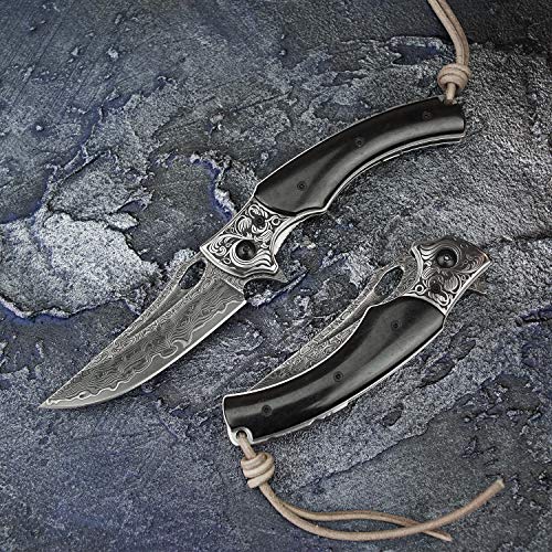 Newootz Damascus Steel Folding Knife,Handmade 3.5In Japanese Vg10 Core Blade And Ebony Wood Liner Lock Handle,Edc Pocket Knives With Leather Sheath For Men Outdoor Camping #TOP2